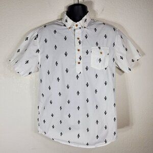 Carbon Mens Large White Saguaro Cactus Print Short-Sleeve Button-Up Shirt Cotton